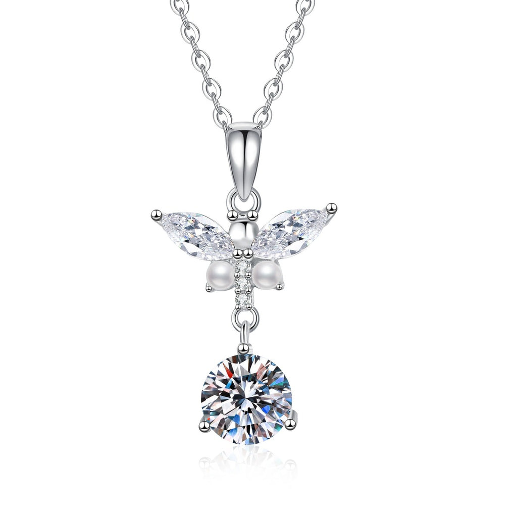 Wing Pearl Moissanite Pendant Necklace with Cubic Zirconia in Platinum-Plated S925 Sterling Silver on clean white background showing the wing-inspired pendant with pearl detail, cubic zirconia accents, and a round moissanite drop