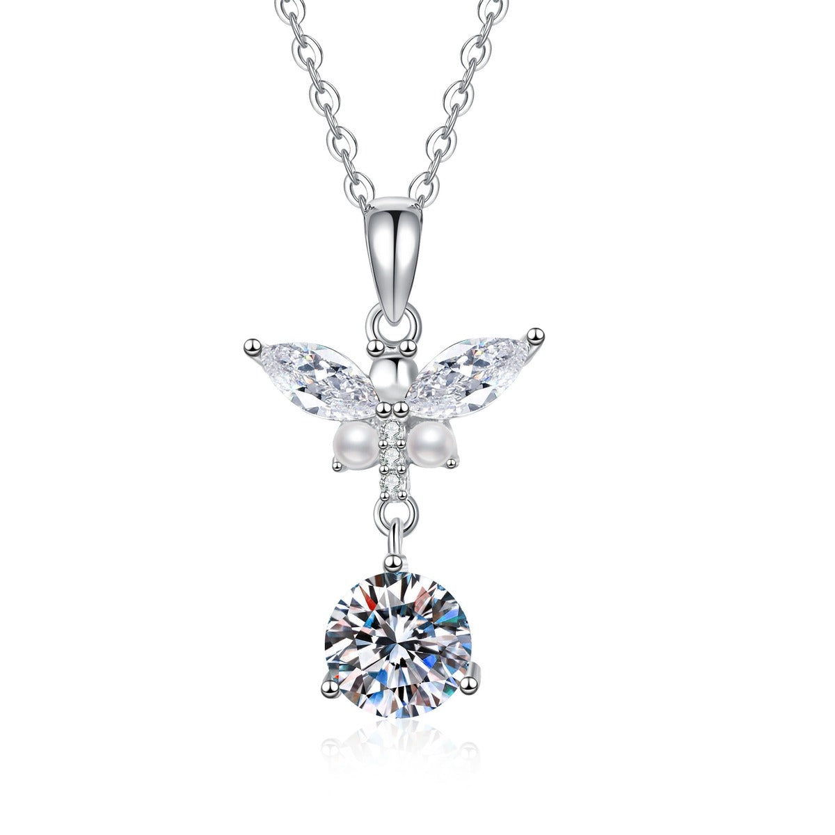 Wing Pearl Moissanite Pendant Necklace with Cubic Zirconia in Platinum-Plated S925 Sterling Silver on clean white background showing the wing-inspired pendant with pearl detail, cubic zirconia accents, and a round moissanite drop