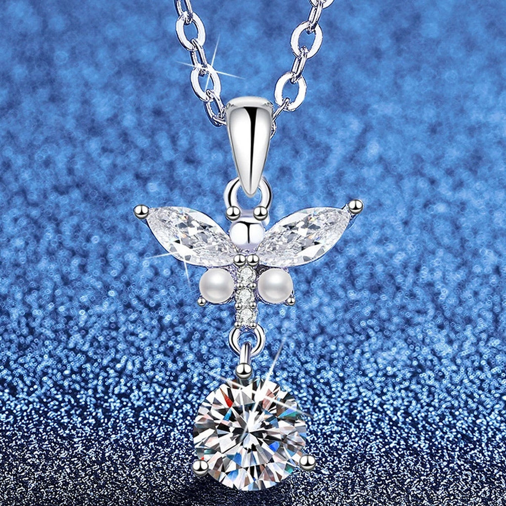 Wing Pearl Moissanite Pendant Necklace with Cubic Zirconia in Platinum-Plated S925 Sterling Silver blue background product view