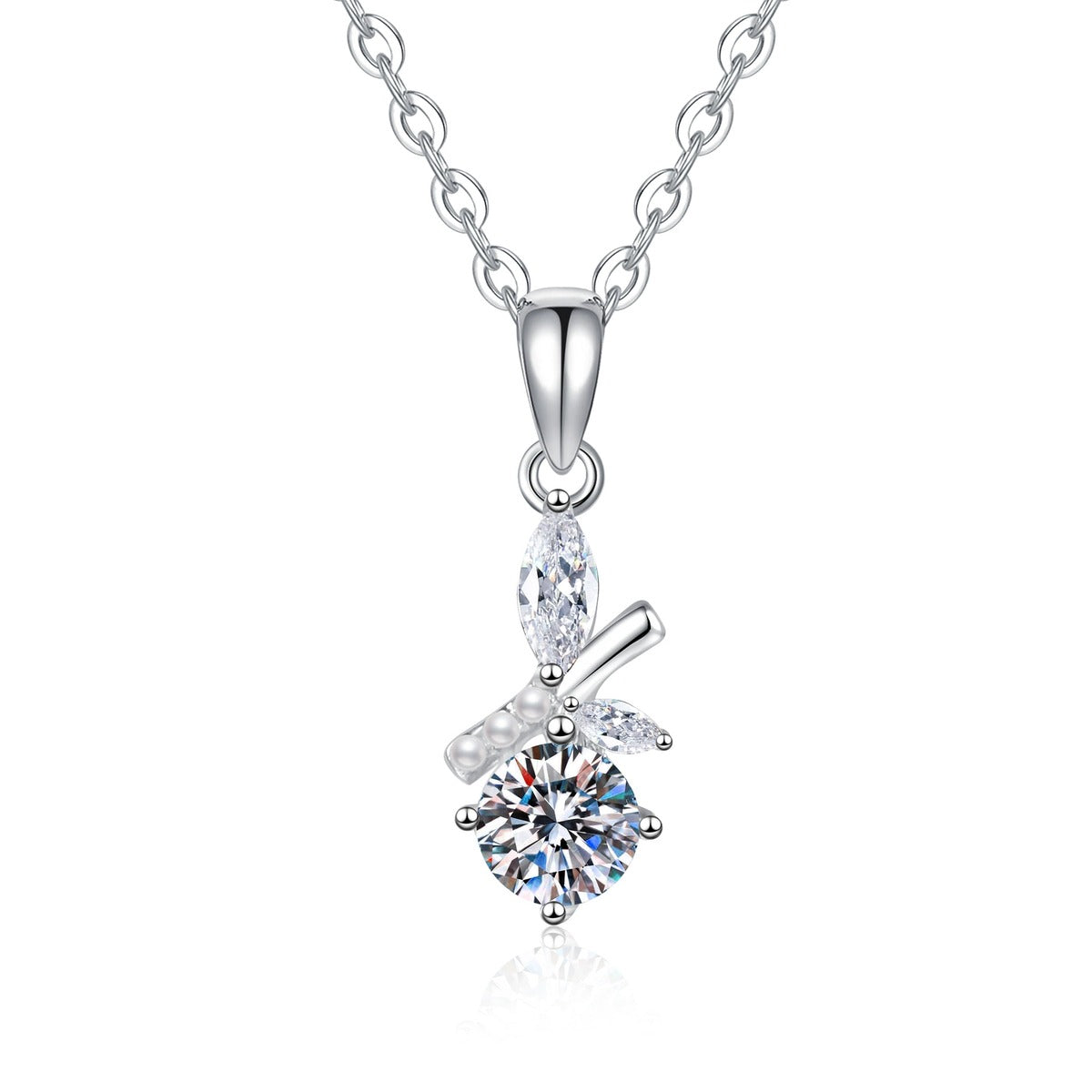 Pearl Drop Moissanite Pendant Necklace with Cubic Zirconia in Platinum-Plated S925 Sterling Silver on clean white background showing the slim pearl drop pendant with a round moissanite center and cubic zirconia accents