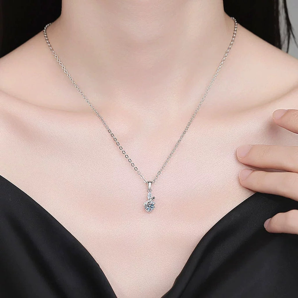 Pearl Drop Moissanite Pendant Necklace with Cubic Zirconia in Platinum-Plated S925 Sterling Silver worn on neckline by model