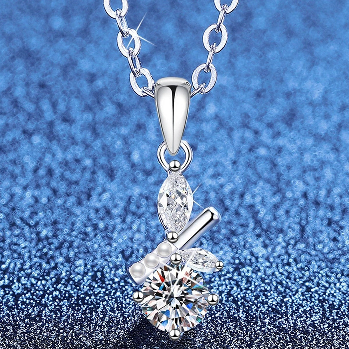 Pearl Drop Moissanite Pendant Necklace with Cubic Zirconia in Platinum-Plated S925 Sterling Silver blue background product view
