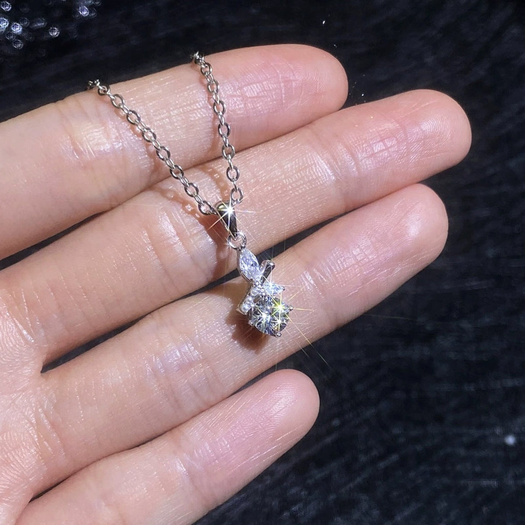 Pearl Drop Moissanite Pendant Necklace with Cubic Zirconia in Platinum-Plated S925 Sterling Silver close-up product detail view