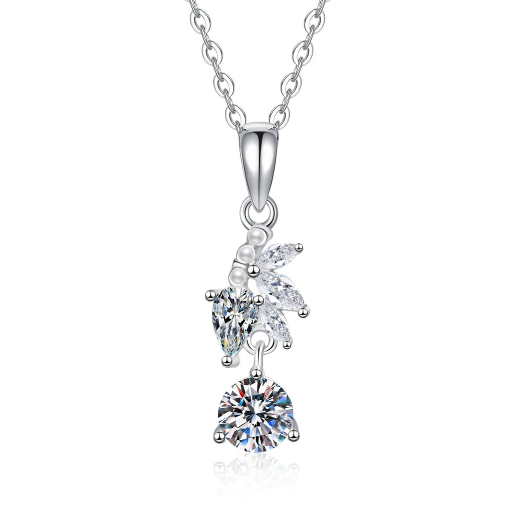 Leaf Pearl Moissanite Pendant Necklace with Cubic Zirconia in Platinum-Plated S925 Sterling Silver on clean white background showing the narrow leaf-inspired pendant with pearl detail, cubic zirconia accents, and a round moissanite drop
