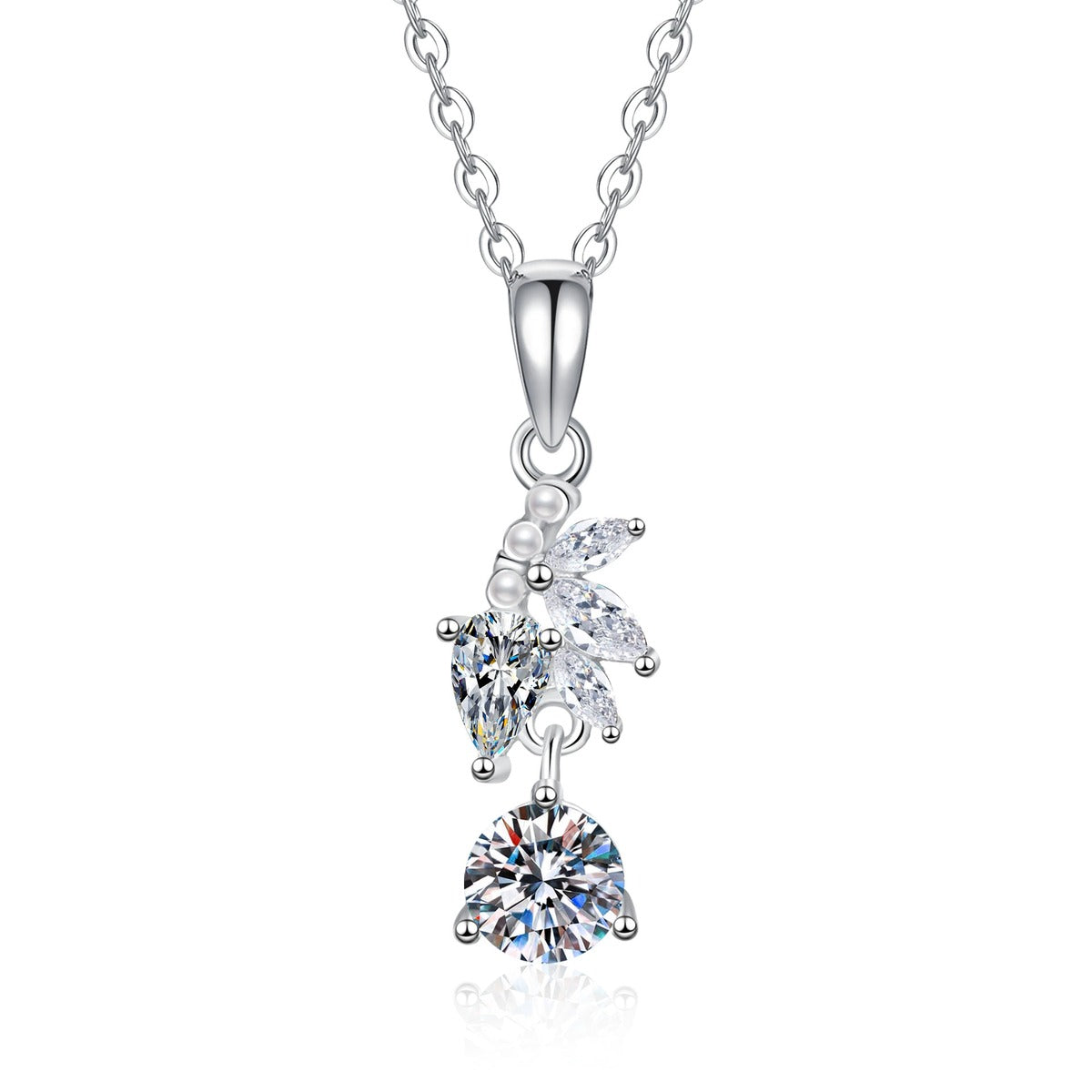 Leaf Pearl Moissanite Pendant Necklace with Cubic Zirconia in Platinum-Plated S925 Sterling Silver on clean white background showing the narrow leaf-inspired pendant with pearl detail, cubic zirconia accents, and a round moissanite drop