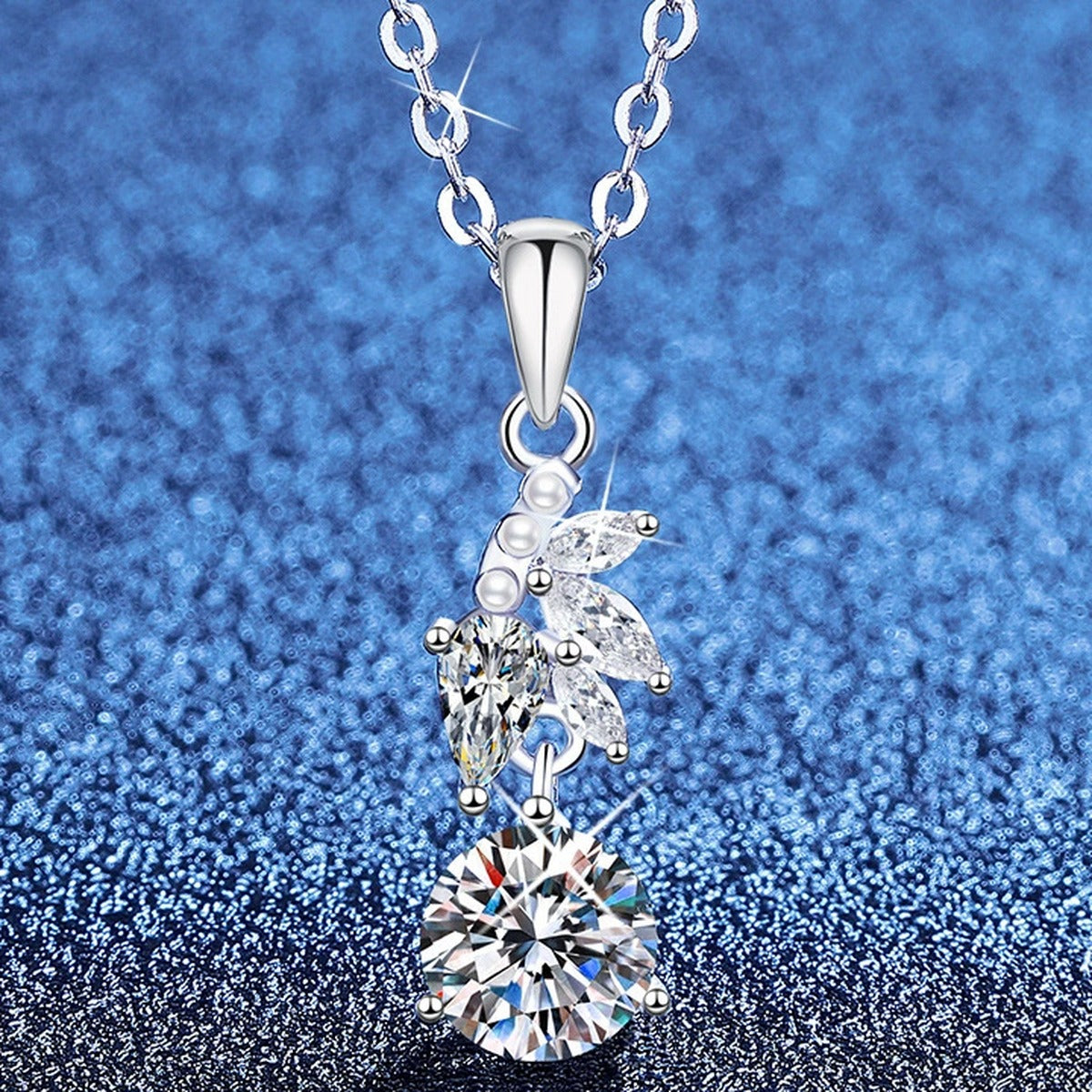 Leaf Pearl Moissanite Pendant Necklace with Cubic Zirconia in Platinum-Plated S925 Sterling Silver blue background product view