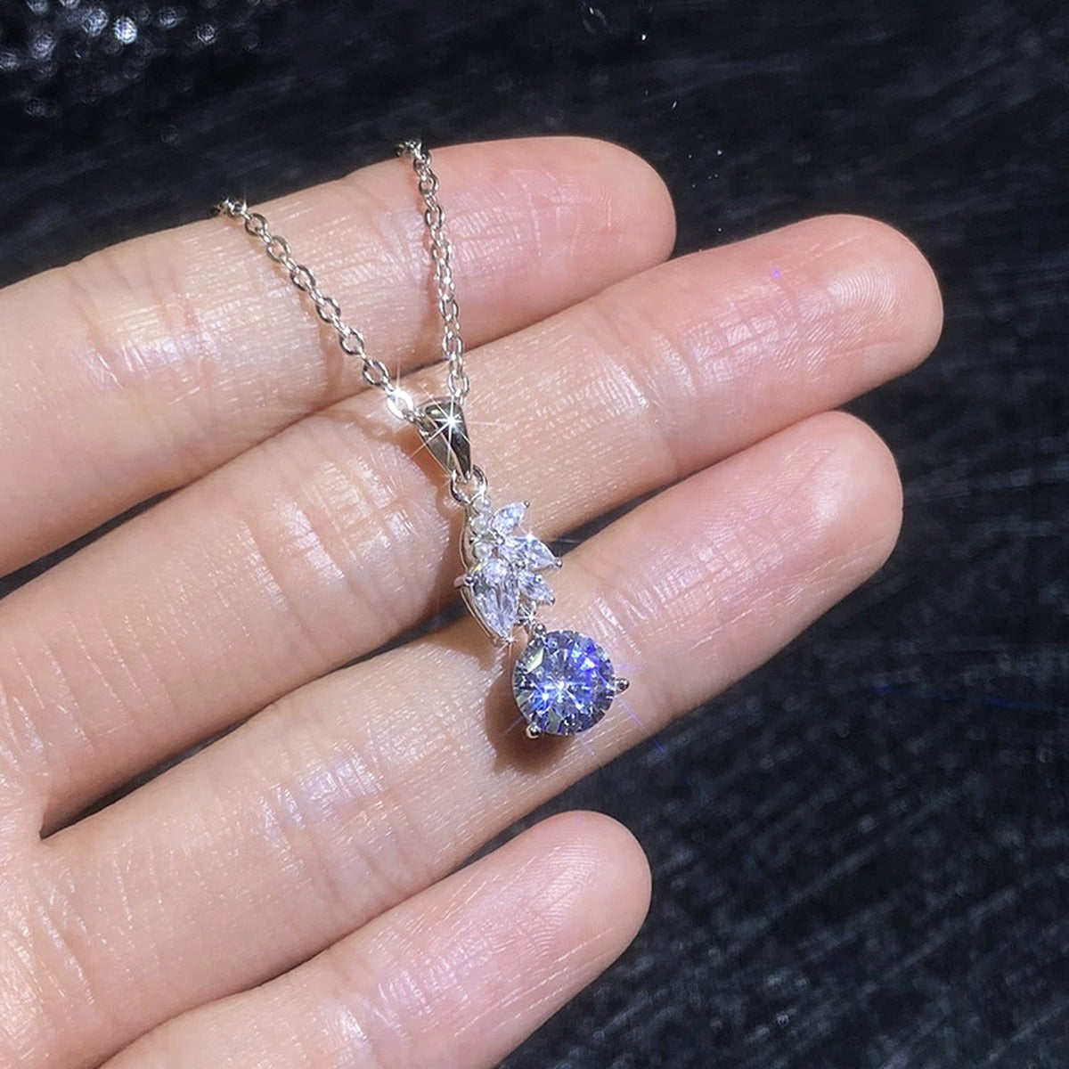 Leaf Pearl Moissanite Pendant Necklace with Cubic Zirconia in Platinum-Plated S925 Sterling Silver close-up product detail view