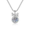 Bow Moissanite Pendant Necklace with Cubic Zirconia in Platinum-Plated S925 Sterling Silver on clean white background showing the bow pendant framing a round moissanite center with cubic zirconia accents