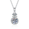 Stacked Halo Moissanite Pendant Necklace with Cubic Zirconia in Platinum-Plated S925 Sterling Silver on clean white background showing the stacked round halo pendant with a raised round moissanite center