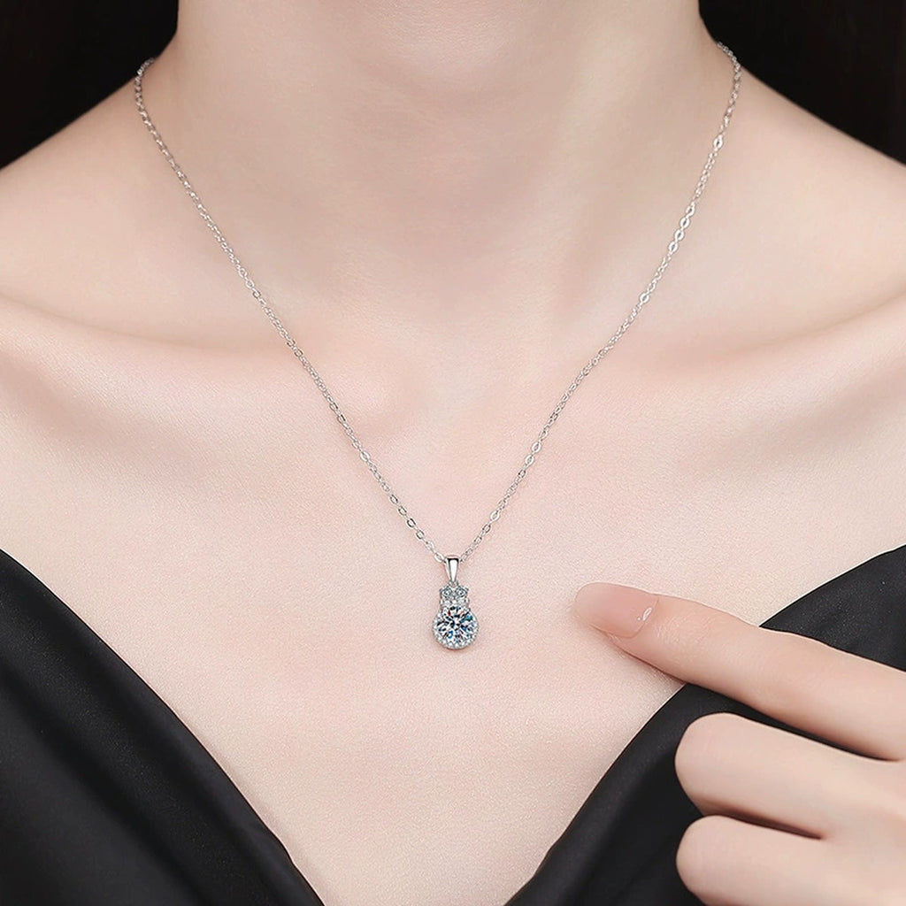 Stacked Halo Moissanite Pendant Necklace with Cubic Zirconia in Platinum-Plated S925 Sterling Silver worn on neckline by model
