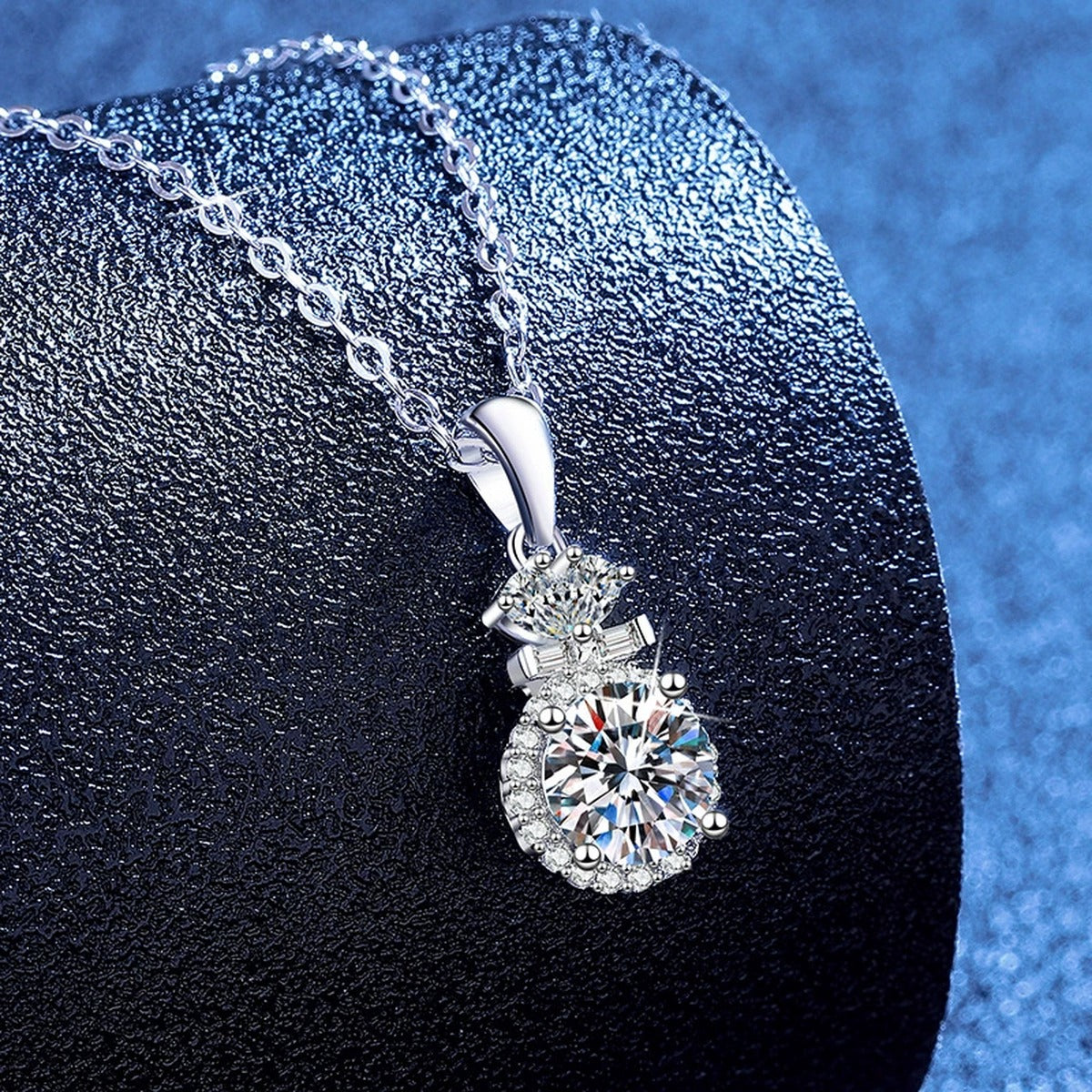 Stacked Halo Moissanite Pendant Necklace with Cubic Zirconia in Platinum-Plated S925 Sterling Silver blue background product view