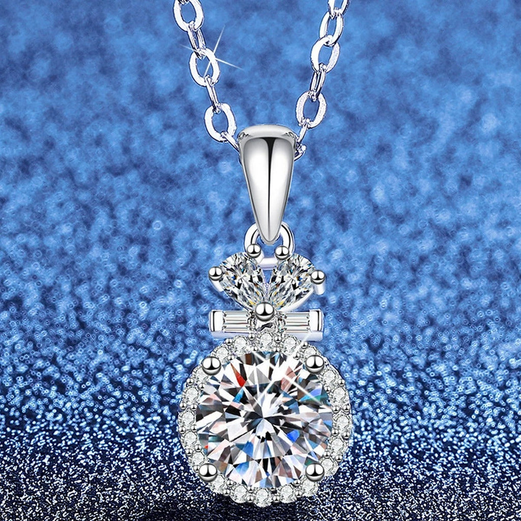 Stacked Halo Moissanite Pendant Necklace with Cubic Zirconia in Platinum-Plated S925 Sterling Silver blue background angled view