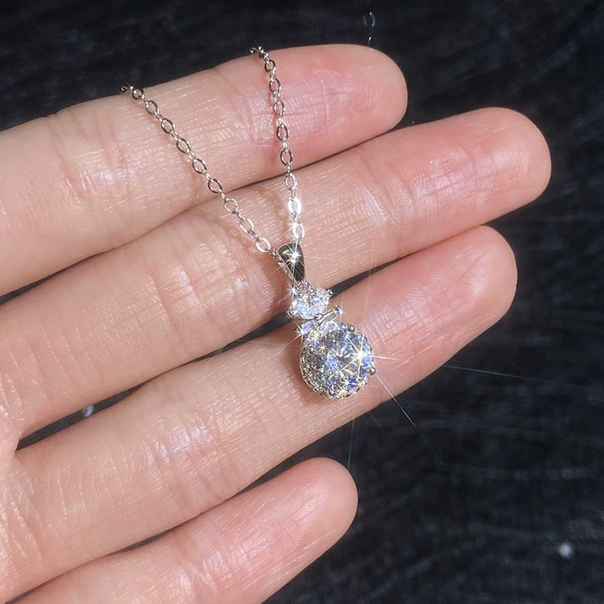 Stacked Halo Moissanite Pendant Necklace with Cubic Zirconia in Platinum-Plated S925 Sterling Silver close-up product detail view
