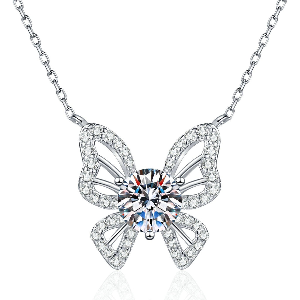 Butterfly Moissanite Pendant Necklace with Cubic Zirconia in Platinum-Plated S925 Sterling Silver on clean white background showing the butterfly pendant with cubic zirconia wings and a round moissanite center