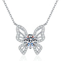 Butterfly Moissanite Pendant Necklace with Cubic Zirconia in Platinum-Plated S925 Sterling Silver on clean white background showing the butterfly pendant with cubic zirconia wings and a round moissanite center