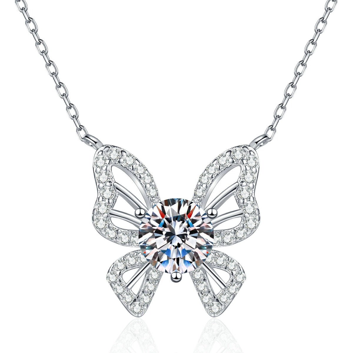 Butterfly Moissanite Pendant Necklace with Cubic Zirconia in Platinum-Plated S925 Sterling Silver on clean white background showing the butterfly pendant with cubic zirconia wings and a round moissanite center