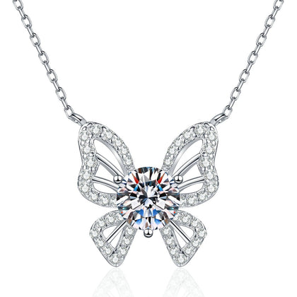 Butterfly Moissanite Pendant Necklace with Cubic Zirconia in Platinum-Plated S925 Sterling Silver on clean white background showing the butterfly pendant with cubic zirconia wings and a round moissanite center