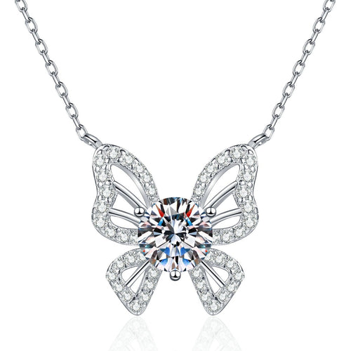 Butterfly Moissanite Pendant Necklace with Cubic Zirconia in Platinum-Plated S925 Sterling Silver on clean white background showing the butterfly pendant with cubic zirconia wings and a round moissanite center