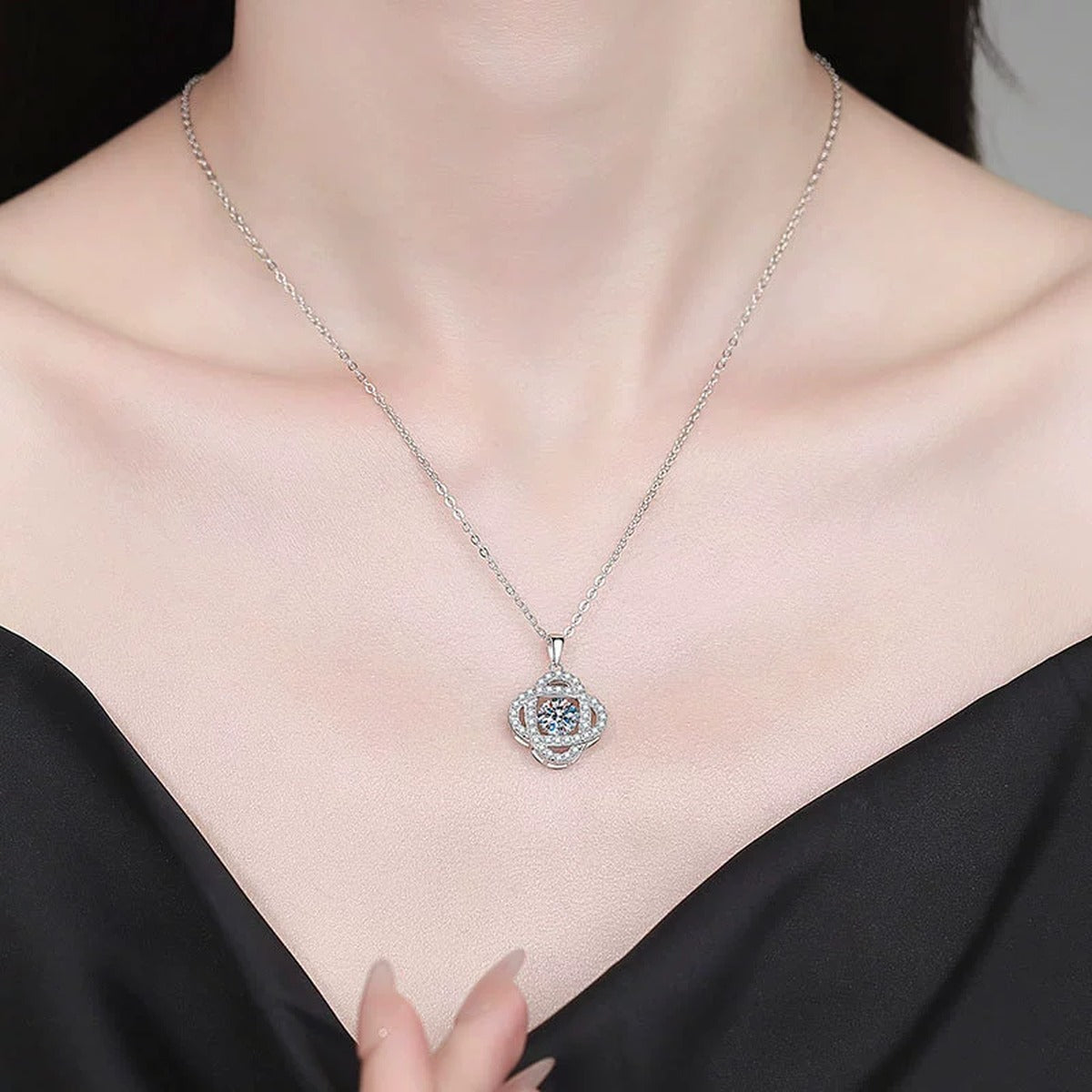 Cushion Medallion Moissanite Pendant Necklace with Cubic Zirconia in Platinum-Plated S925 Sterling Silver worn on neckline by model