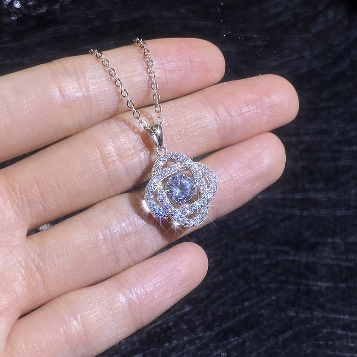 Cushion Medallion Moissanite Pendant Necklace with Cubic Zirconia in Platinum-Plated S925 Sterling Silver close-up product detail view