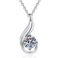 Flame Teardrop Moissanite Pendant Necklace in Platinum-Plated S925 Sterling Silver on clean white background showing the flame-shaped teardrop pendant holding a round moissanite