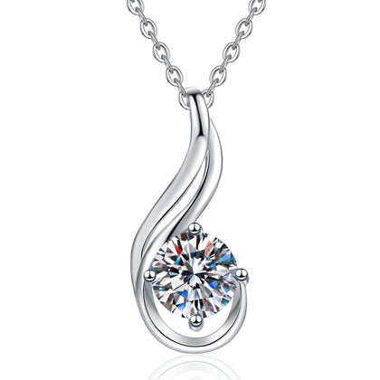 Flame Teardrop Moissanite Pendant Necklace in Platinum-Plated S925 Sterling Silver on clean white background showing the flame-shaped teardrop pendant holding a round moissanite