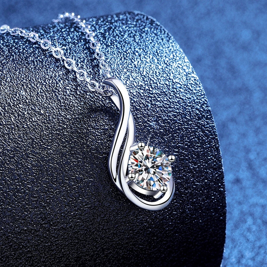 Flame Teardrop Moissanite Pendant Necklace in Platinum-Plated S925 Sterling Silver blue background product view