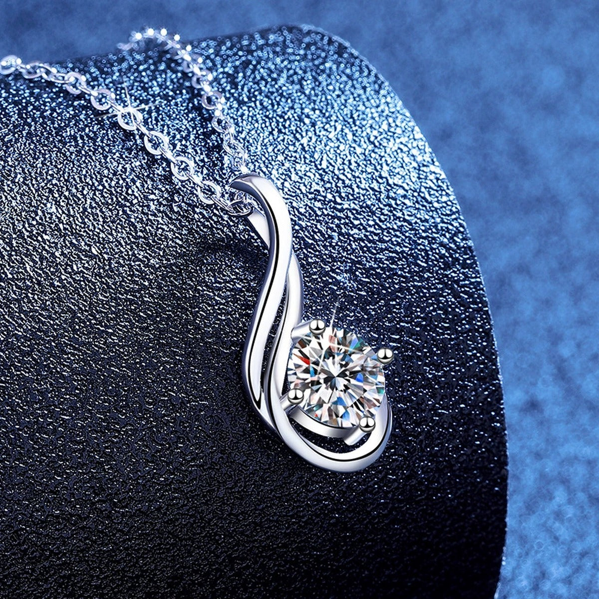 Flame Teardrop Moissanite Pendant Necklace in Platinum-Plated S925 Sterling Silver blue background product view