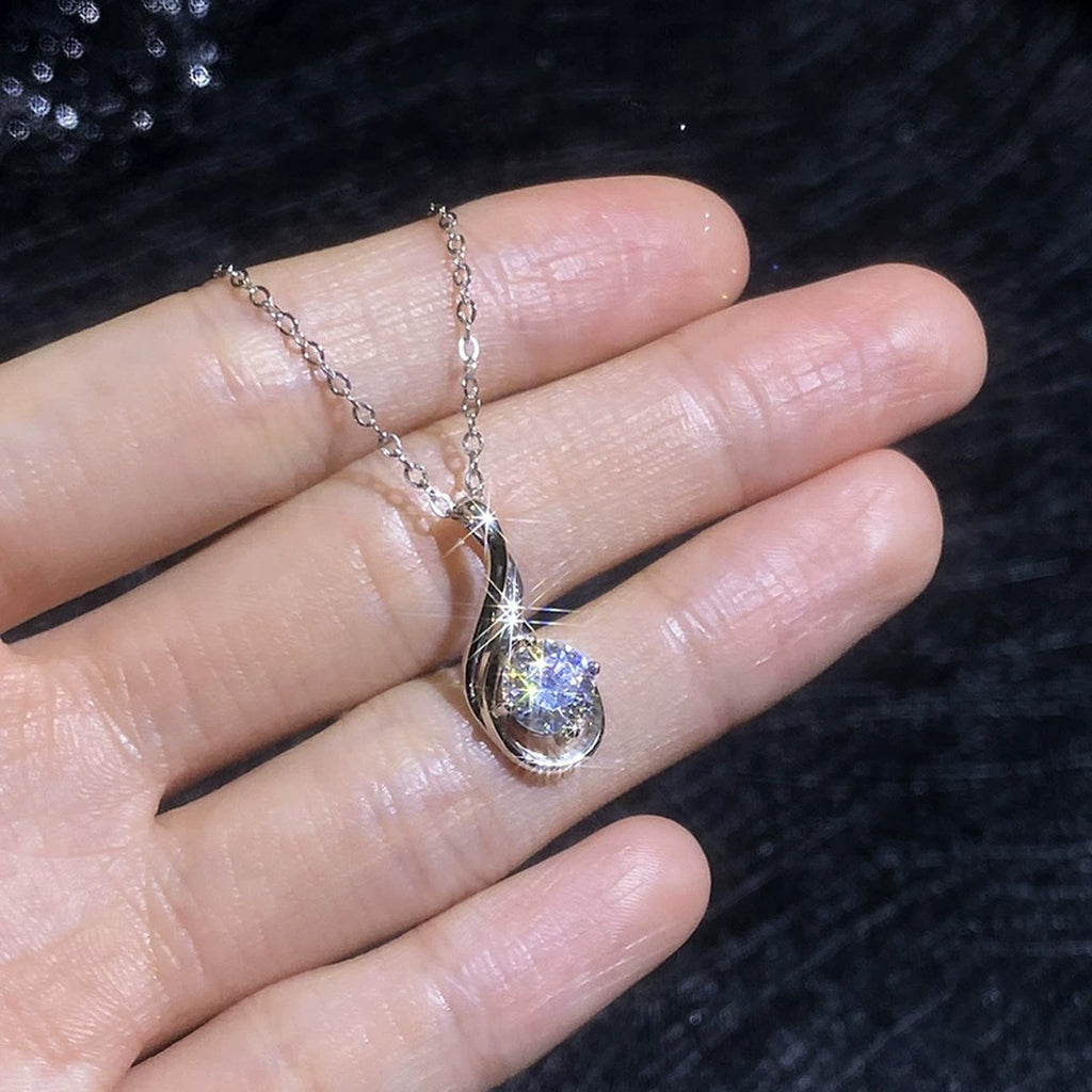 Flame Teardrop Moissanite Pendant Necklace in Platinum-Plated S925 Sterling Silver close-up product detail view
