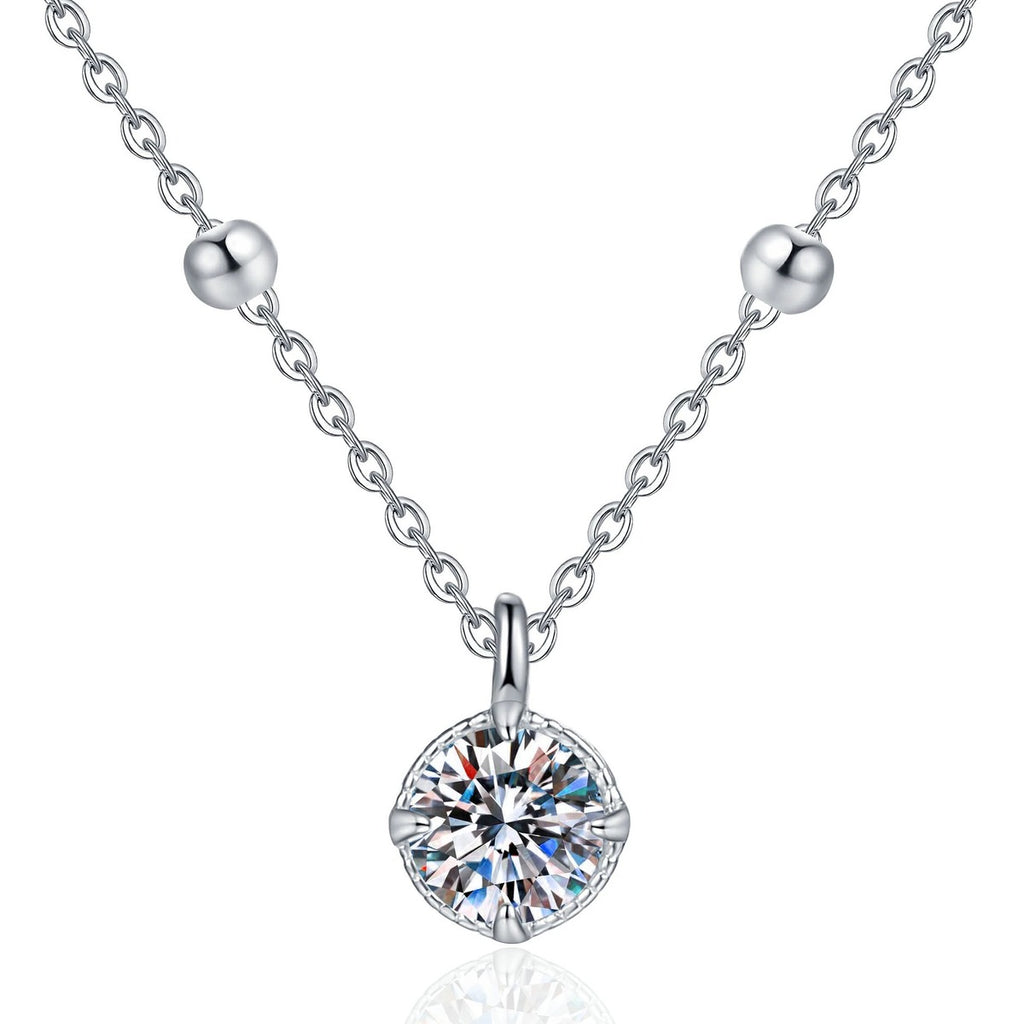 Solitaire Moissanite Pendant Necklace in Platinum-Plated S925 Sterling Silver on clean white background showing the minimal solitaire pendant with a round moissanite center