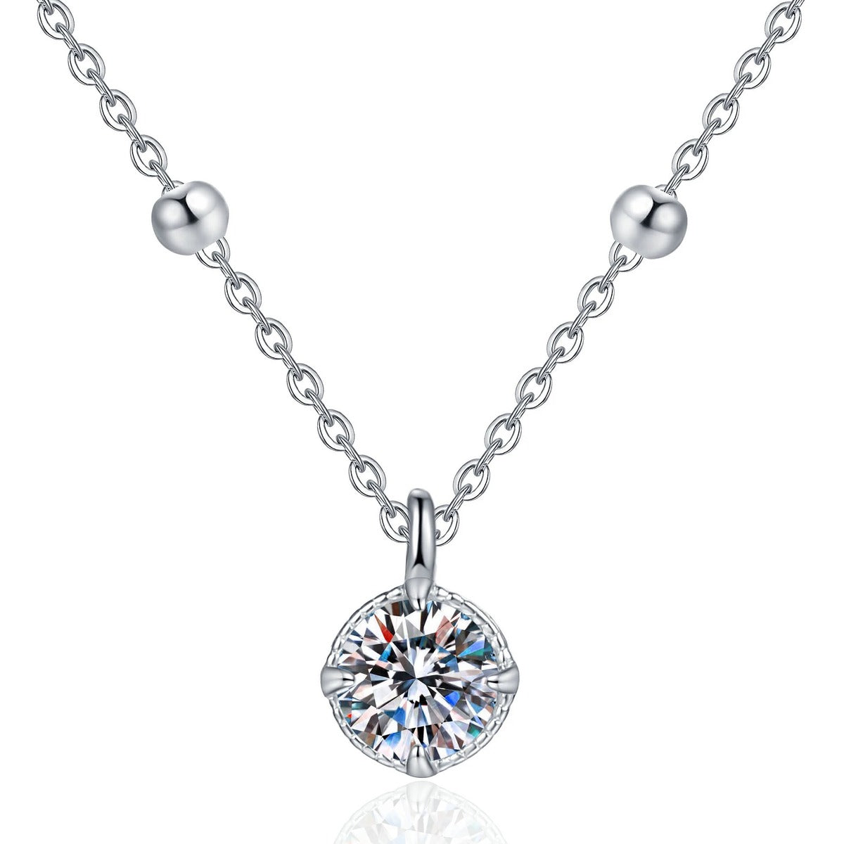 Solitaire Moissanite Pendant Necklace in Platinum-Plated S925 Sterling Silver on clean white background showing the minimal solitaire pendant with a round moissanite center