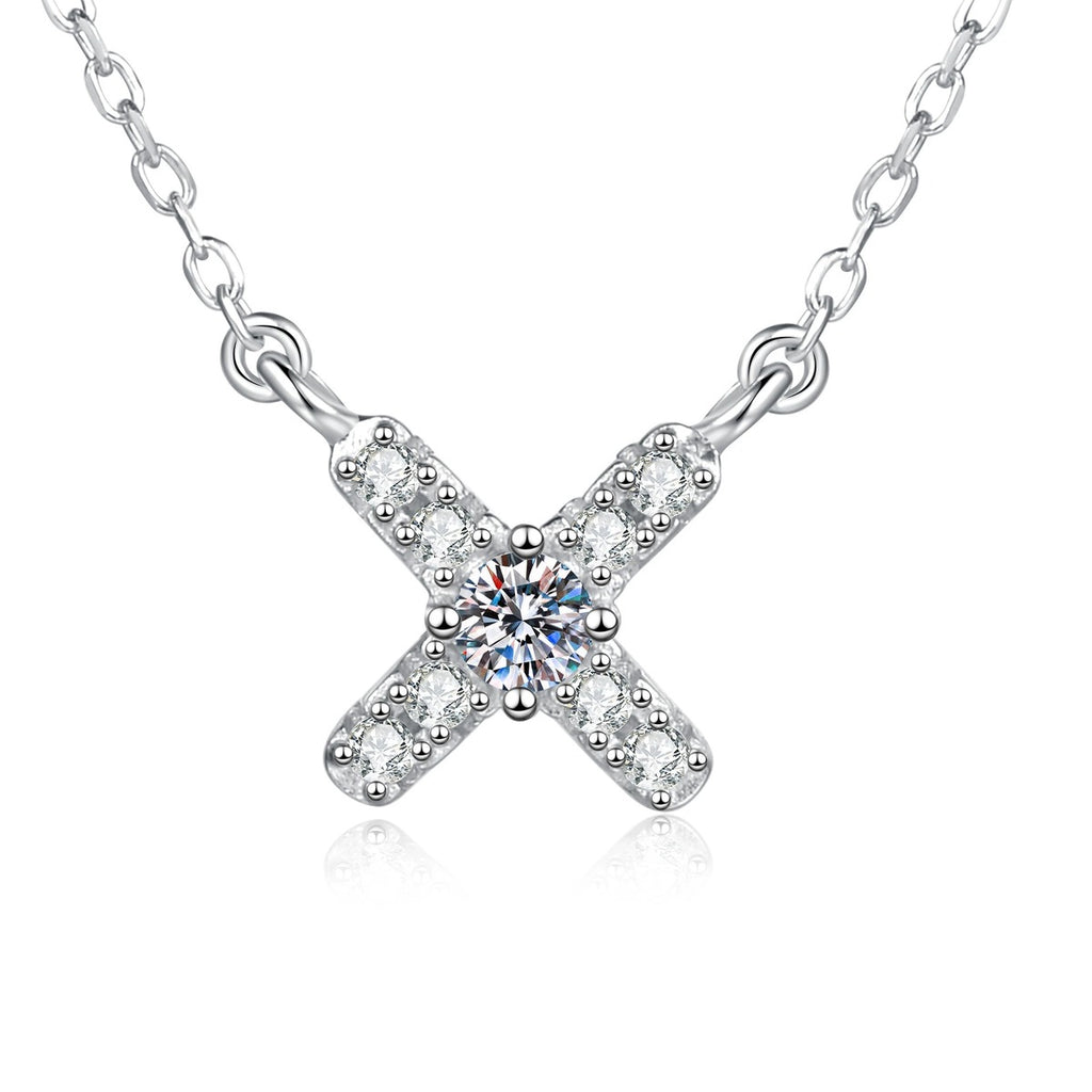 Petite X Moissanite Pendant Necklace with Cubic Zirconia in Platinum-Plated S925 Sterling Silver on clean white background showing the petite X-shaped pendant with a small moissanite center and cubic zirconia accents