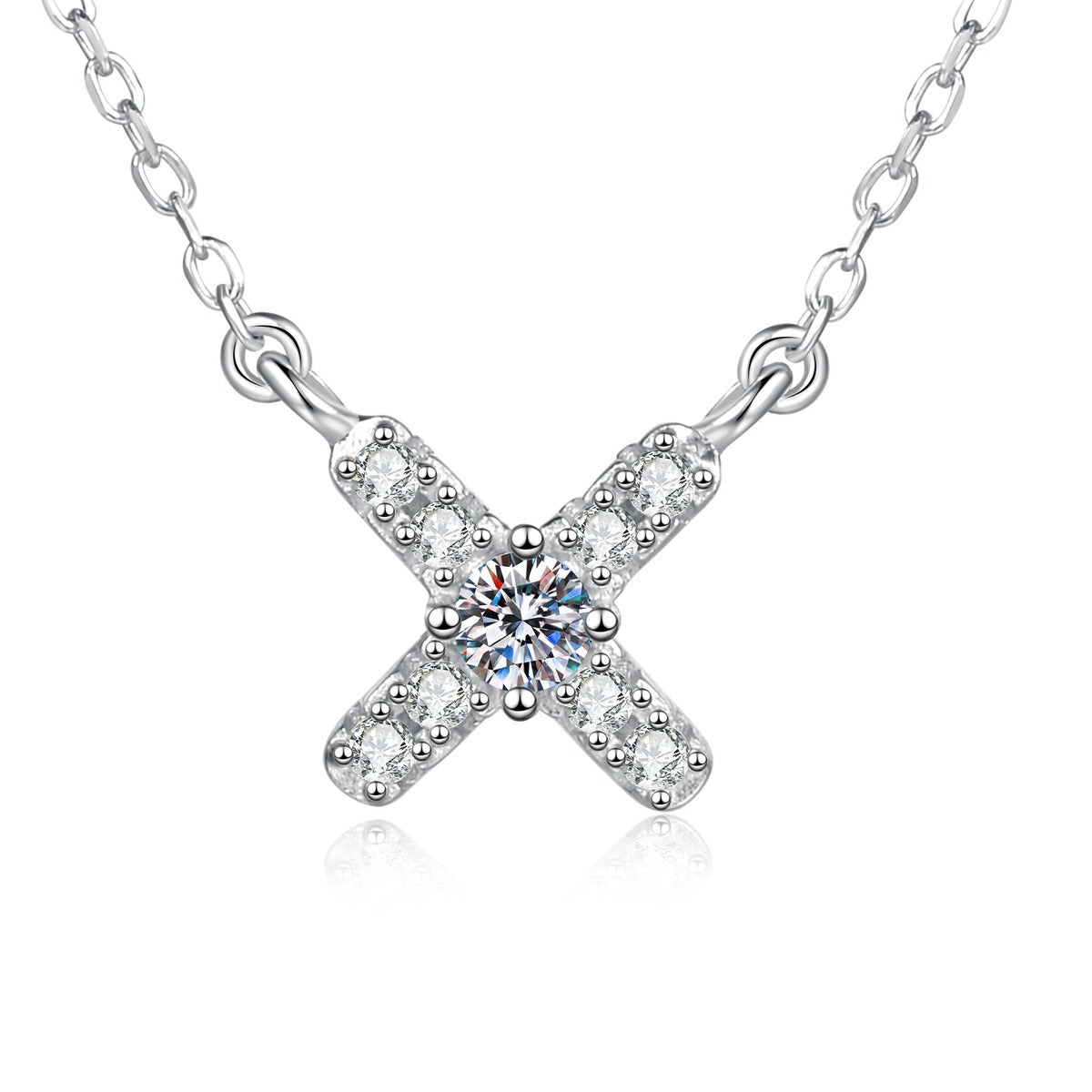 Petite X Moissanite Pendant Necklace with Cubic Zirconia in Platinum-Plated S925 Sterling Silver on clean white background showing the petite X-shaped pendant with a small moissanite center and cubic zirconia accents