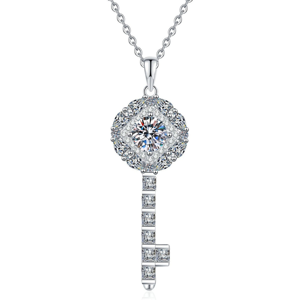 Key Moissanite Pendant Necklace with Cubic Zirconia in Platinum-Plated S925 Sterling Silver on clean white background showing the key-shaped pendant with a round moissanite center and cubic zirconia accents