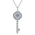 Key Moissanite Pendant Necklace with Cubic Zirconia in Platinum-Plated S925 Sterling Silver on clean white background showing the key-shaped pendant with a round moissanite center and cubic zirconia accents