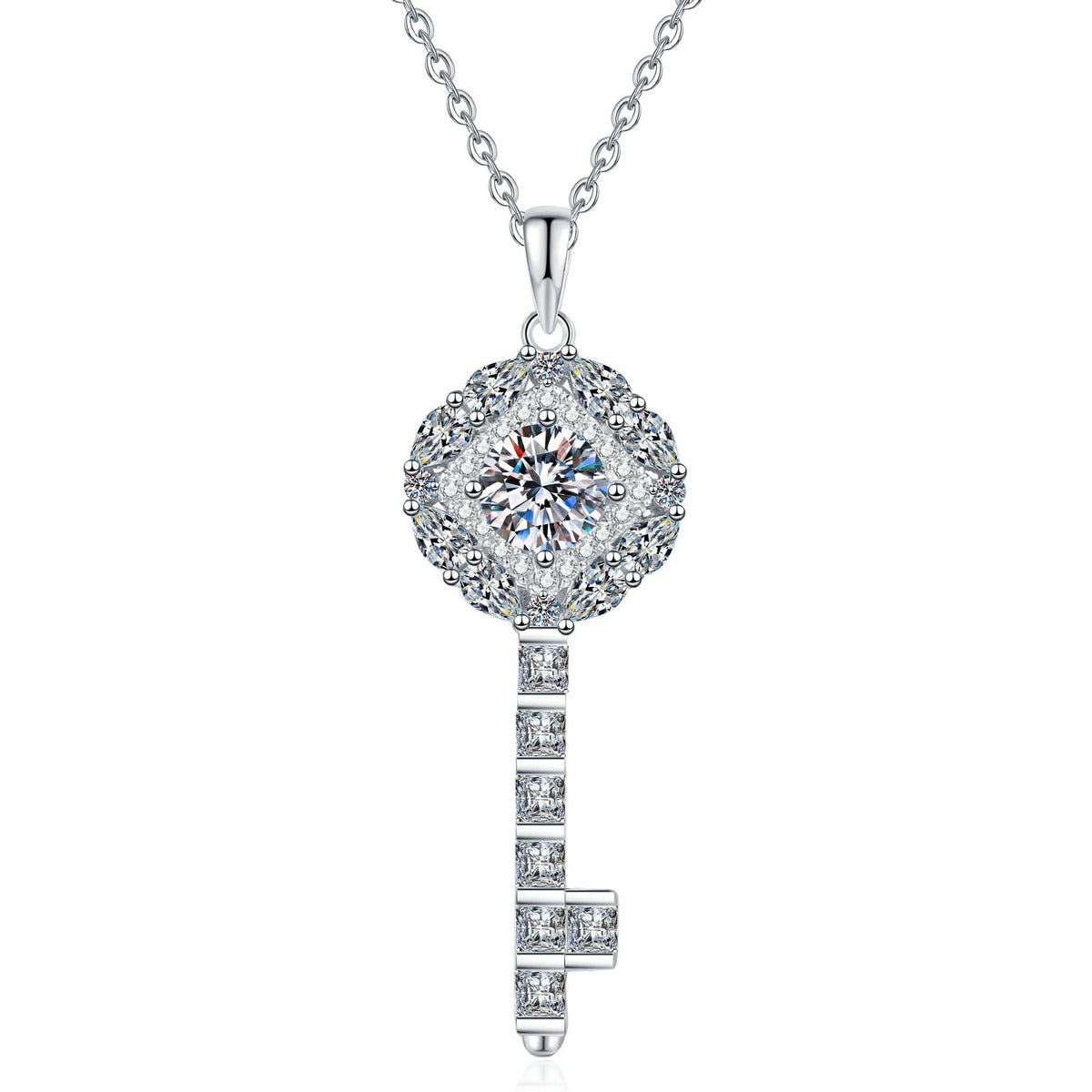 Key Moissanite Pendant Necklace with Cubic Zirconia in Platinum-Plated S925 Sterling Silver on clean white background showing the key-shaped pendant with a round moissanite center and cubic zirconia accents