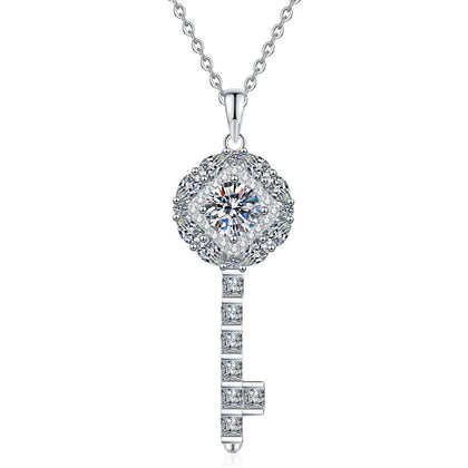 Key Moissanite Pendant Necklace with Cubic Zirconia in Platinum-Plated S925 Sterling Silver on clean white background showing the key-shaped pendant with a round moissanite center and cubic zirconia accents