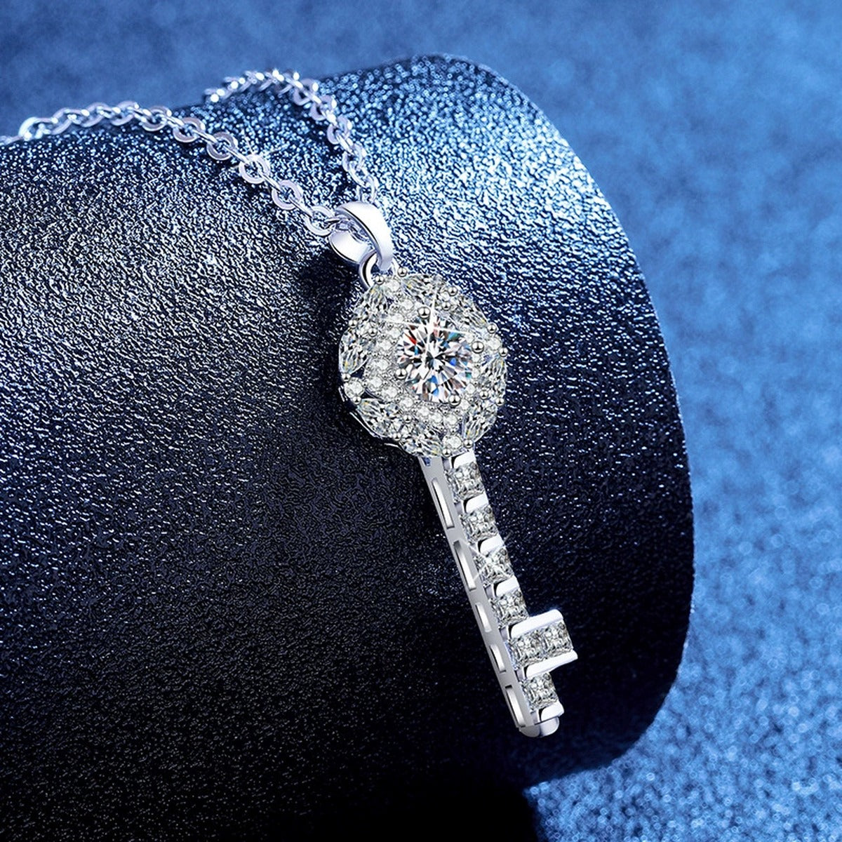 Key Moissanite Pendant Necklace with Cubic Zirconia in Platinum-Plated S925 Sterling Silver blue background product view