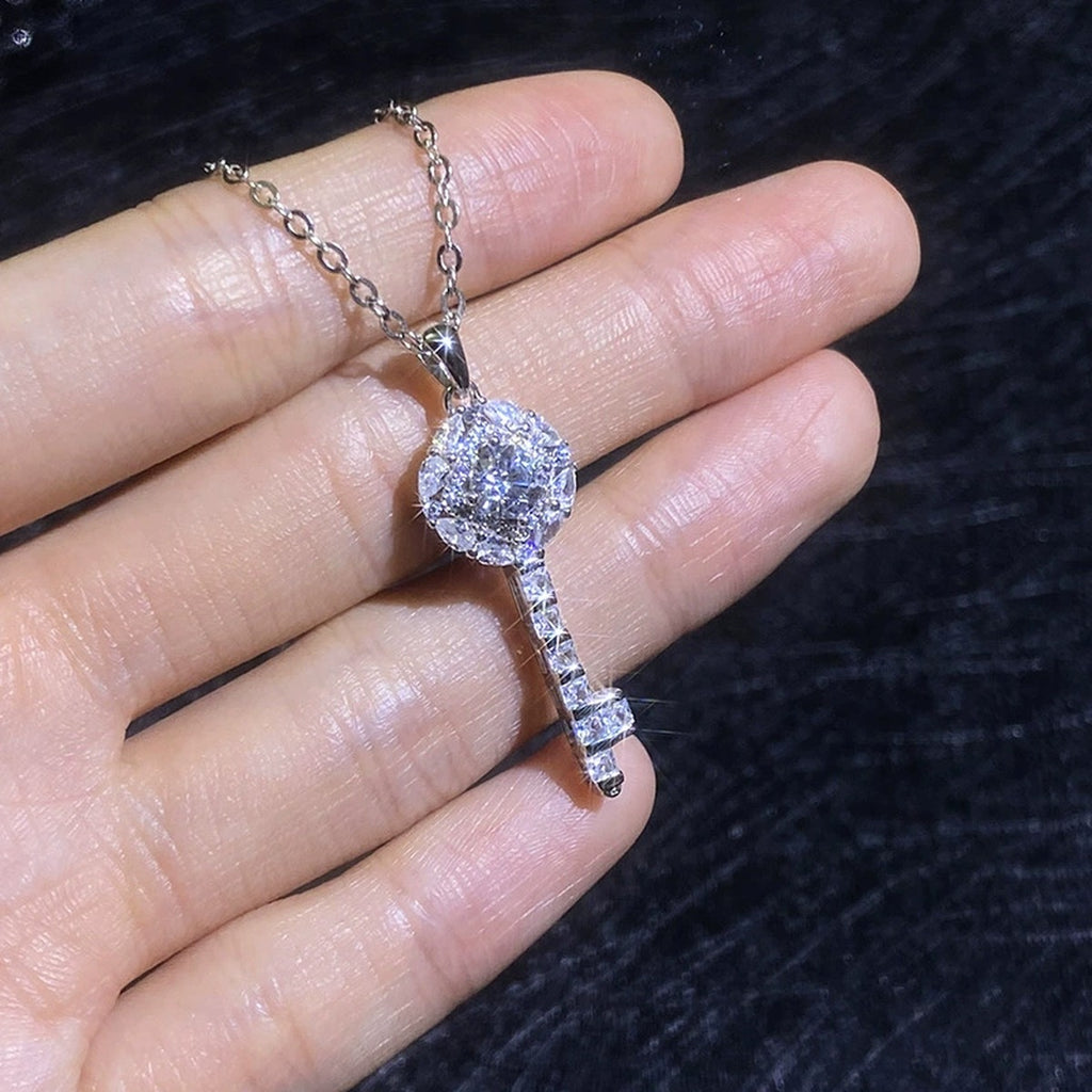 Key Moissanite Pendant Necklace with Cubic Zirconia in Platinum-Plated S925 Sterling Silver close-up product detail view