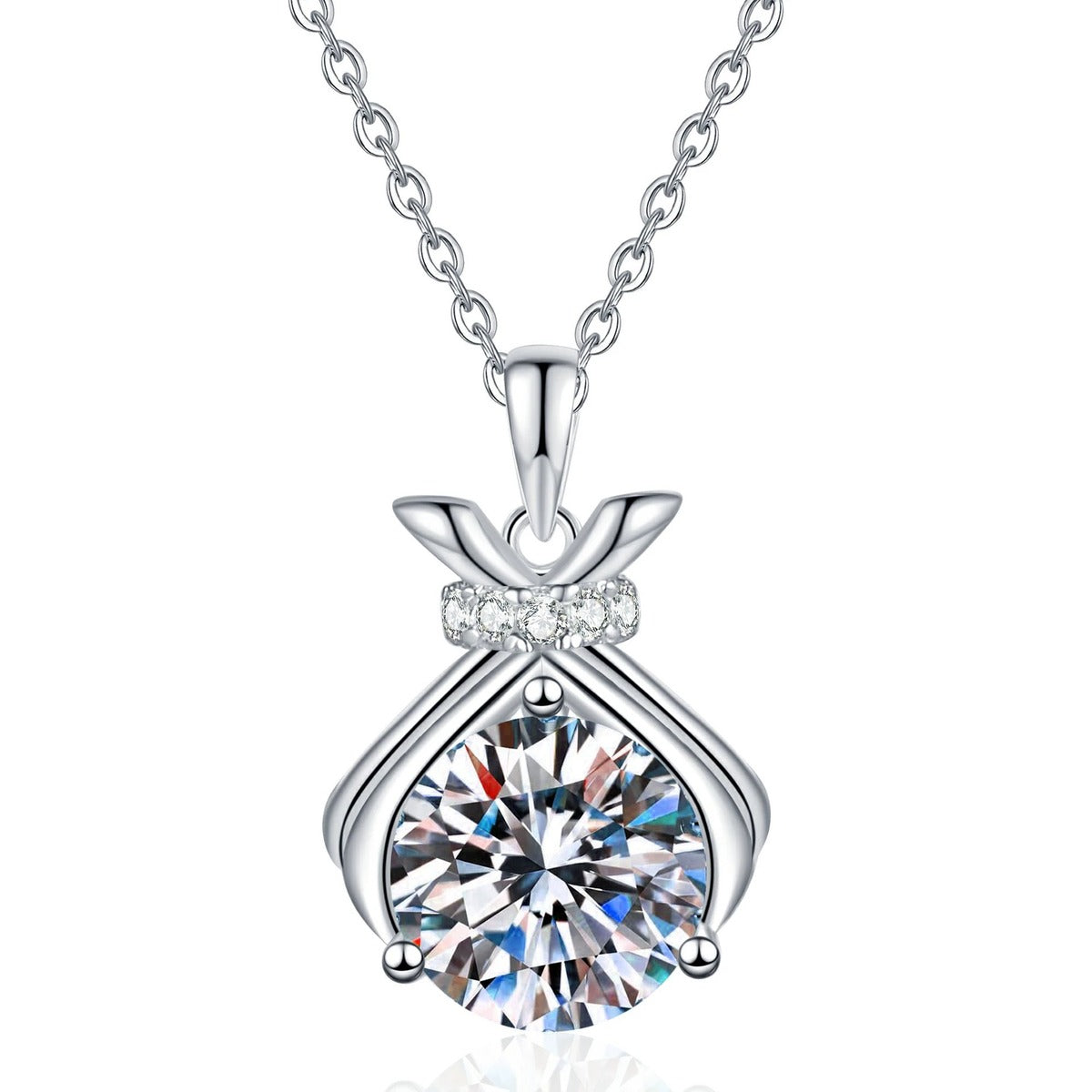 Pineapple Moissanite Pendant Necklace with Cubic Zirconia in Platinum-Plated S925 Sterling Silver on clean white background showing the pineapple-inspired pendant with a round moissanite center and cubic zirconia accents