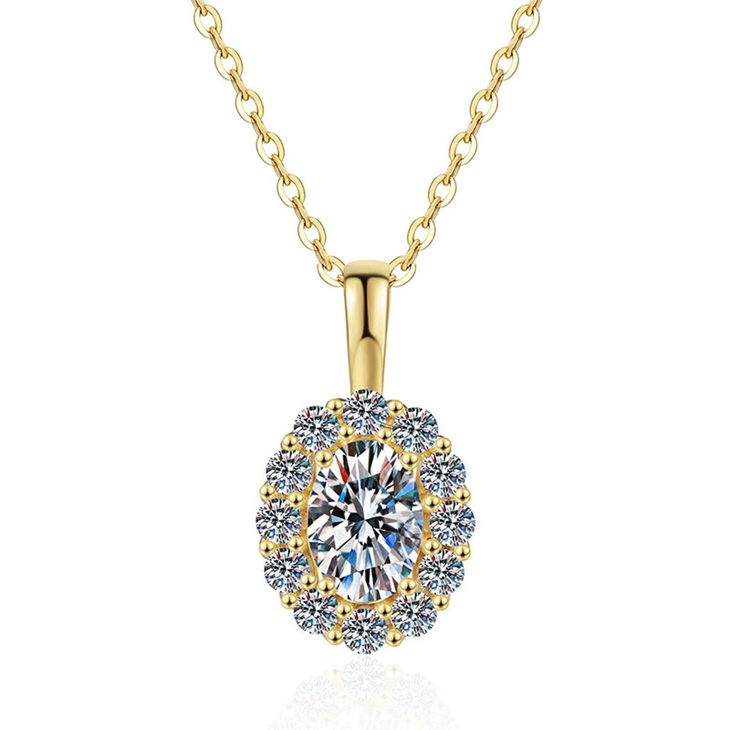 Oval Lab-Grown Gemstone and Moissanite Pendant Necklace in 18K Yellow Gold-Plated S925 Sterling Silver on clean white background showing the oval gemstone pendant with yellow gold halo detail