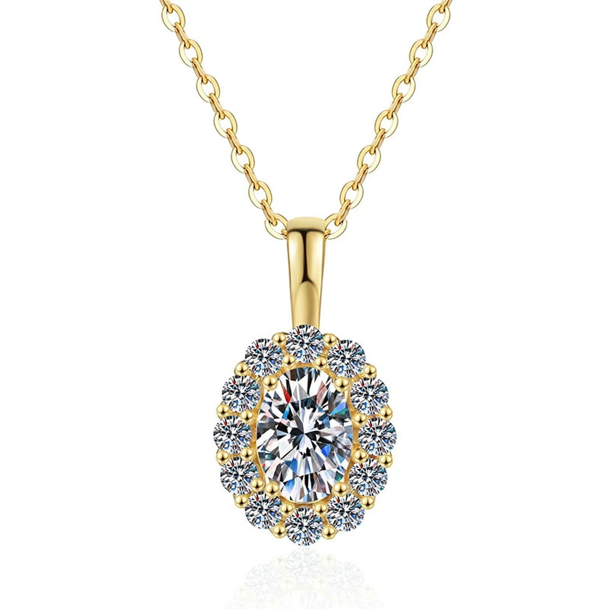 Oval Lab-Grown Gemstone and Moissanite Pendant Necklace in 18K Yellow Gold-Plated S925 Sterling Silver on clean white background showing the oval gemstone pendant with yellow gold halo detail