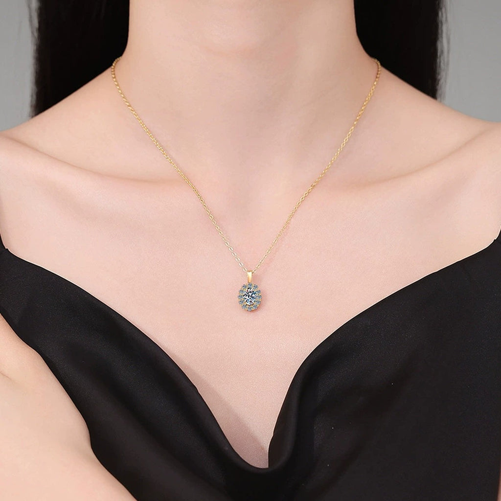 Oval Lab-Grown Gemstone and Moissanite Pendant Necklace in 18K Yellow Gold-Plated S925 Sterling Silver worn on neckline by model