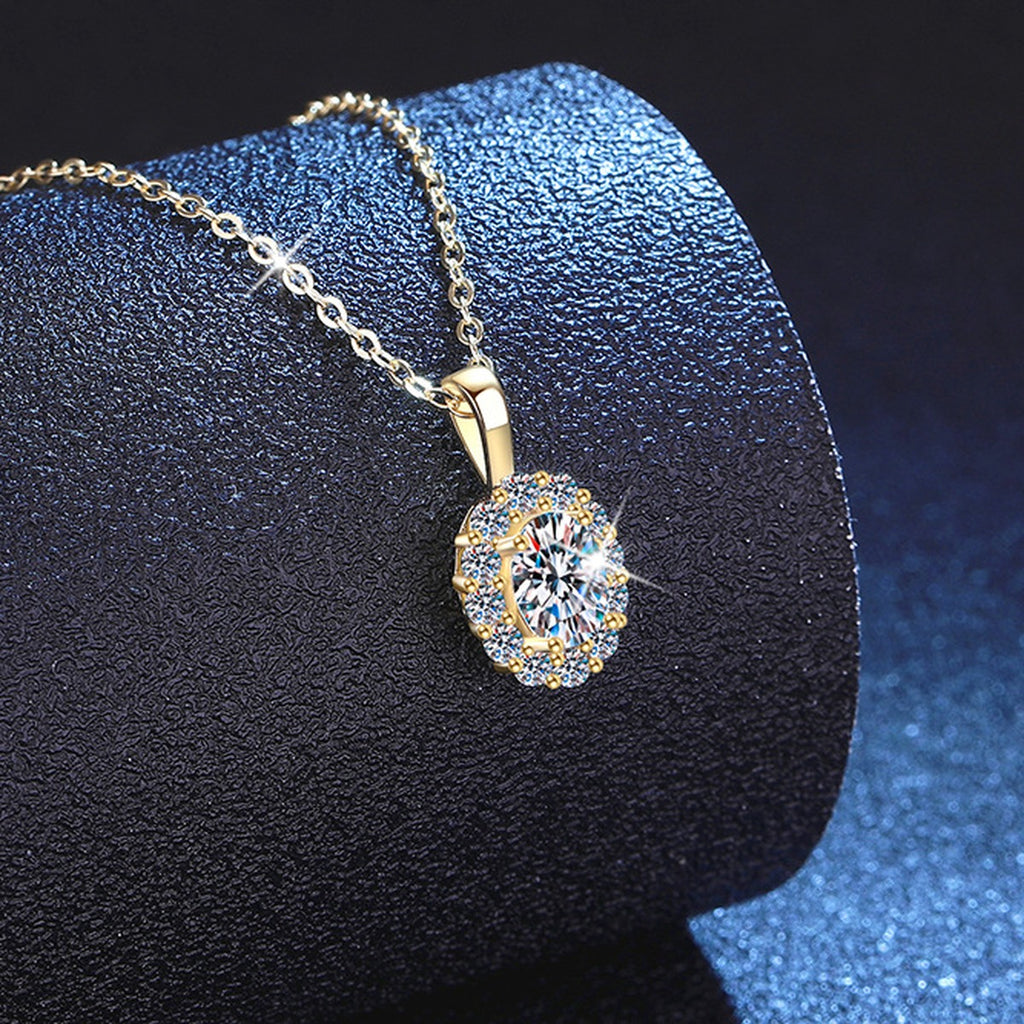 Oval Lab-Grown Gemstone and Moissanite Pendant Necklace in 18K Yellow Gold-Plated S925 Sterling Silver blue background product view