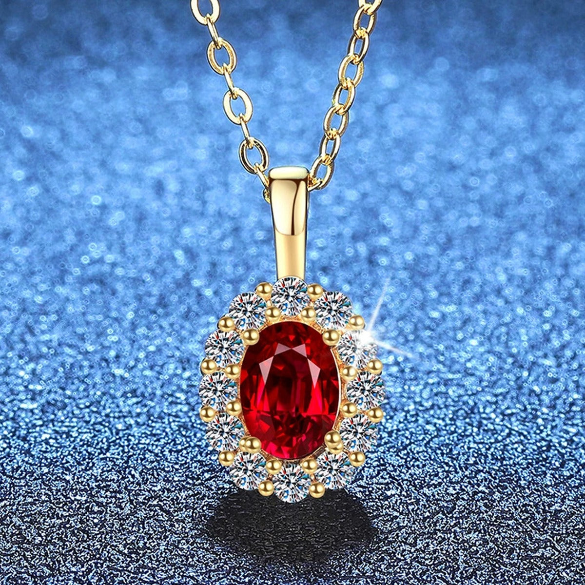 Oval Lab-Grown Gemstone and Moissanite Pendant Necklace in 18K Yellow Gold-Plated S925 Sterling Silver blue background angled view