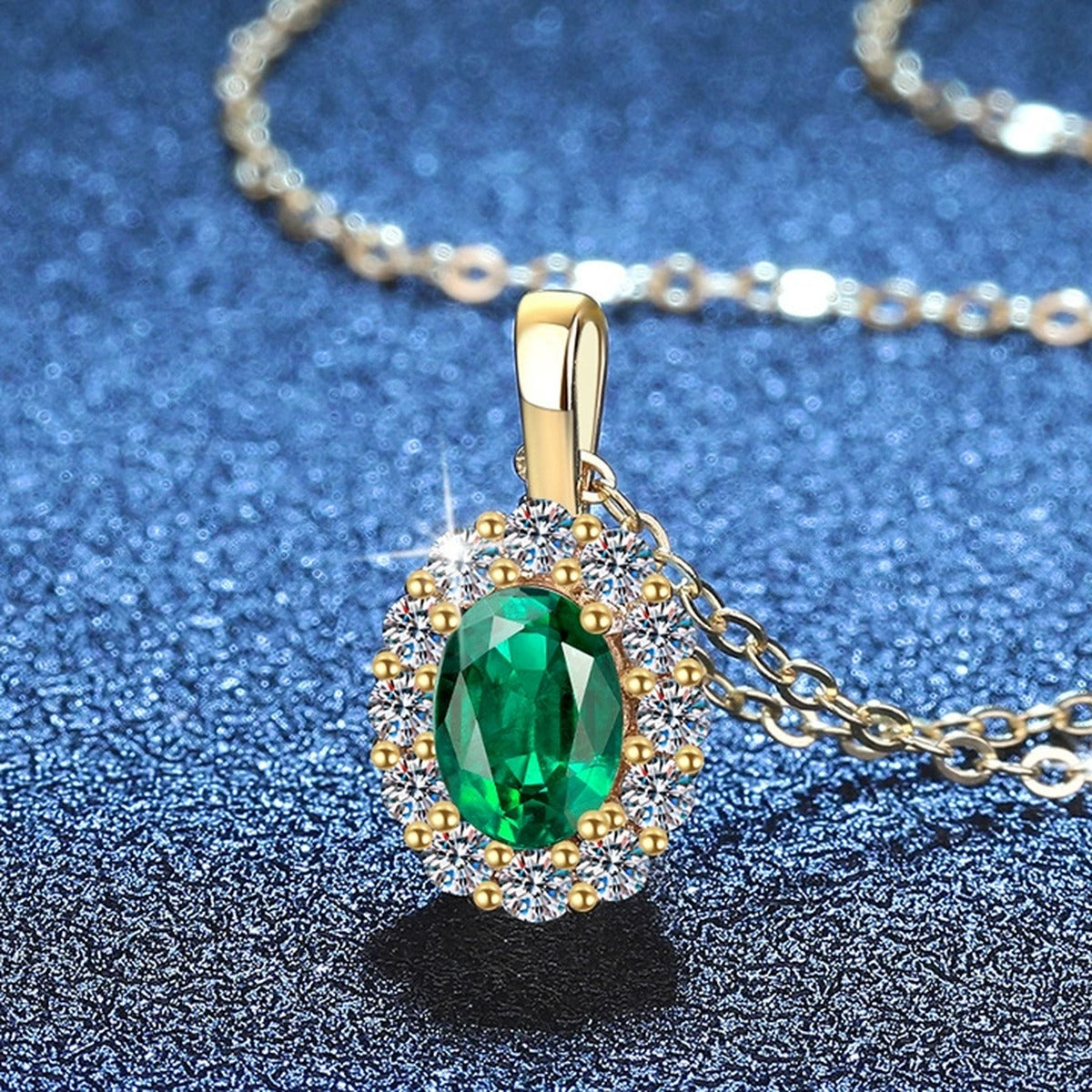 Oval Lab-Grown Gemstone and Moissanite Pendant Necklace in 18K Yellow Gold-Plated S925 Sterling Silver blue background styling view