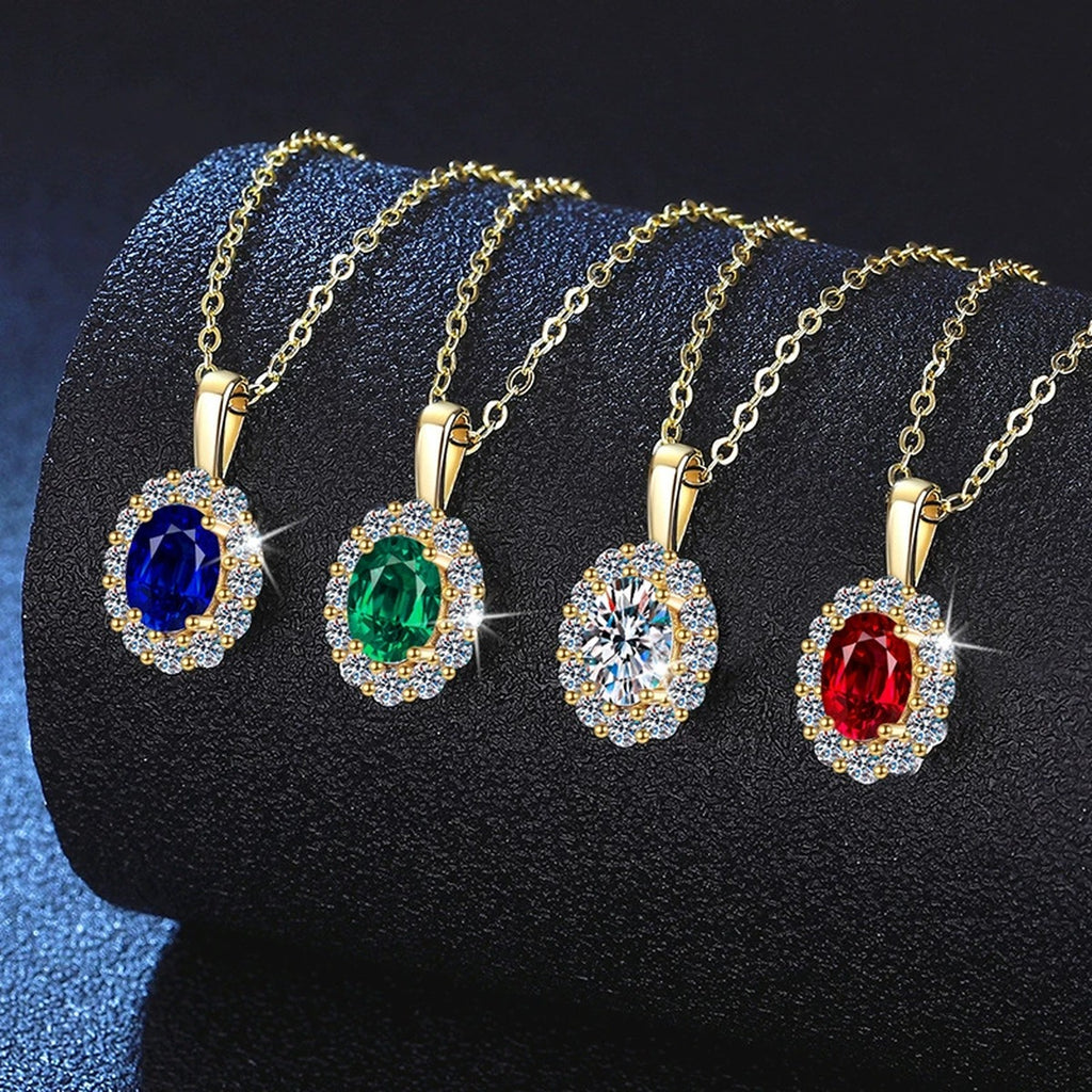 Oval Lab-Grown Gemstone and Moissanite Pendant Necklace in 18K Yellow Gold-Plated S925 Sterling Silver dark background product display view