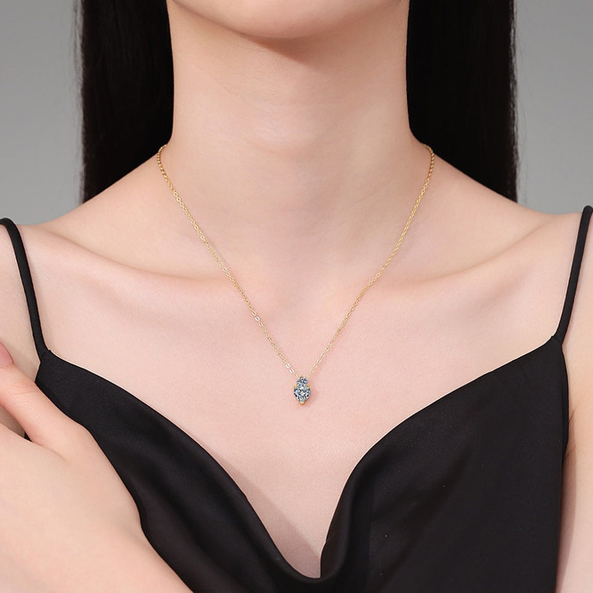 Marquise Lab-Grown Gemstone and Moissanite Pendant Necklace in 18K Yellow Gold-Plated S925 Sterling Silver worn on neckline by model