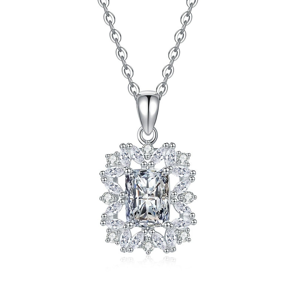 Emerald Cut Lab-Grown Gemstone and Moissanite Pendant Necklace in White Gold-Plated S925 Sterling Silver on clean white background showing the emerald-cut gemstone pendant with a geometric halo frame