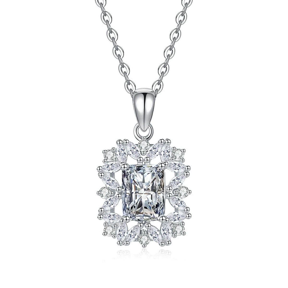 Emerald Cut Lab-Grown Gemstone and Moissanite Pendant Necklace in White Gold-Plated S925 Sterling Silver on clean white background showing the emerald-cut gemstone pendant with a geometric halo frame